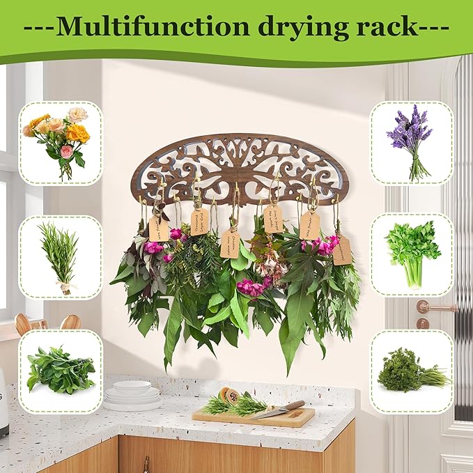 Rustic Herb Drying Rack Hanging,Wooden Tree of Life Dried Herb Flowers Rack Wall Art,Home Kitchen Witch Decor Wall Flowers Grass Gift,with 11 Hooks and 25 Gift Cards & 40 Inch Twine