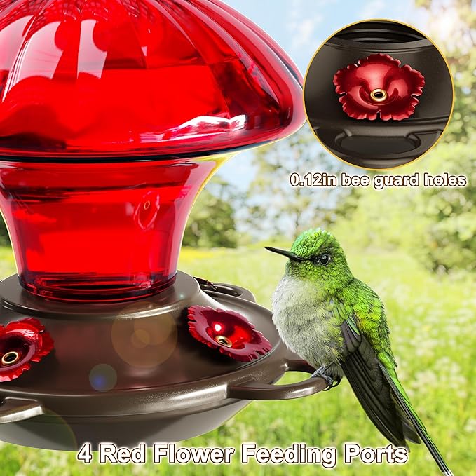Hummingbird Feeder, Auslar 15 Ounces Glass Hummingbird Feeders for Outdoors Hanging Ant and Bee Proof, Ant Moat & 4 Flower Feeding Ports, Rustproof, Leakproof, Mushroom Shape, Red