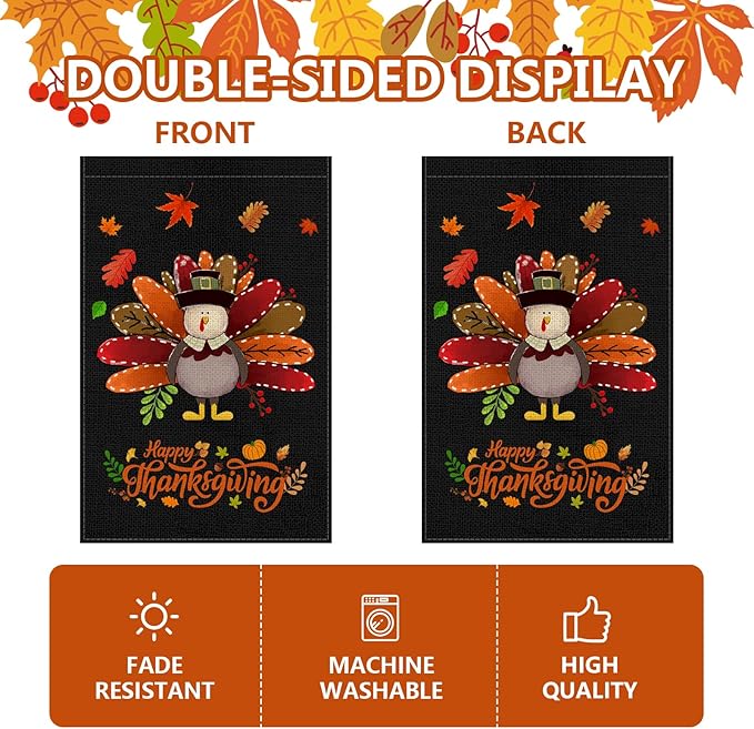 Fall Thanksgiving Turkey Garden Flag 12x18 Inch, Double Sided Bless Harvest Holiday Burlap Yard Flag for Outdoor Decoration