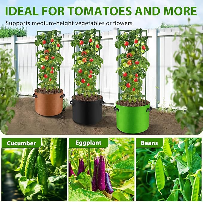 Suntee 3 Pack Tomato Cage with 10 Gallon Grow Bags, 48 Inch Tomato Cages for Garden Patio Balcony, Adjustable Height Tomatoes Plant Support for Climbing Vegetables Plants Flowers