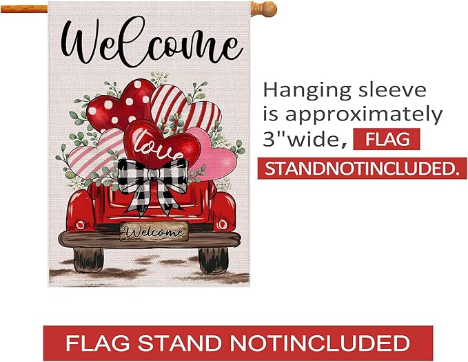 Valentines Day Flag, Valentine's Day Outdoor Decor Love Hearts Truck Yard Flag 28x40 Double Sided Red, Valentine Decorations Burlap House Flags Rustic Welcome Outdoor Farmhouse