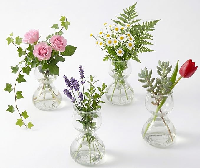 Garden Guru Plant Propagation Stations - Clear Glass Bud Vases Set of 4 - Mini Vases for Wedding Centerpieces, Cafe Décor, Tea Shop Displays - Small Hydroponic & Flower Vase