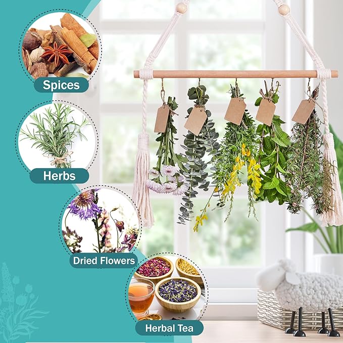 3Tier Herb Drying Rack Flower Drying with 25PCS Brown Gift Tags and 32ft Natural Jute Twine herb Dryer,Herb Drying Rack,Hanging Herb Dryer Rack, Ivory