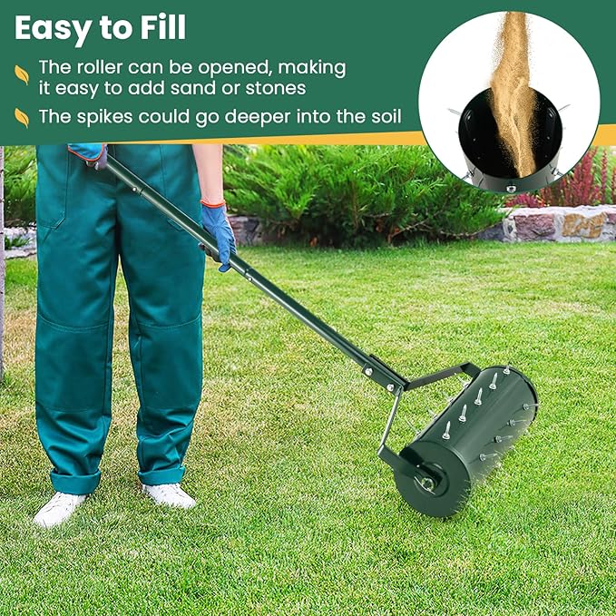 Goplus Rolling Lawn Aerator, 18-Inch Garden Yard Rotary Push Tine Filled Sand Stone, Heavy Duty Spike Soil Aeration w/Metal Handle, Fillable Drum 51" Manual Lawn Aeration Tool Garden Grass Patio Yard