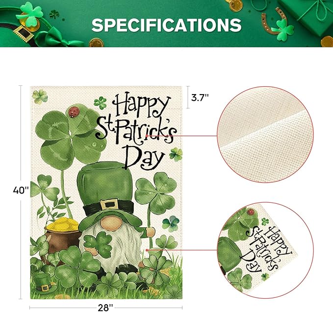 AVOIN colorlife Happy St Patricks Day House Flag 28x40 Inch Double Sided Outside, Leprechaun Gnome Lucky Clover Holiday Yard Outdoor Flag