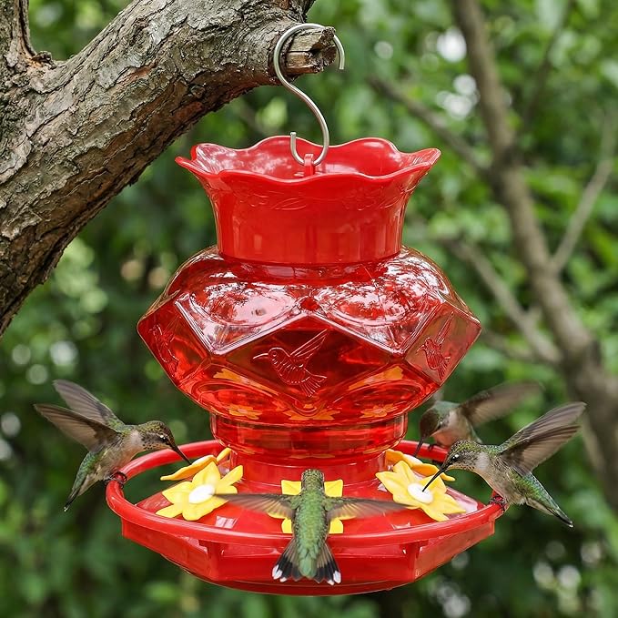 Hummingbird Feeders for Outdoors Hanging Ant and Bee Proof, 18OZ Diamond Humming Bird Feeders for Outside Circular Perch with Leak Proof & 6 Feeding Ports, Gifts for Women, Red 2 Pack Plastic