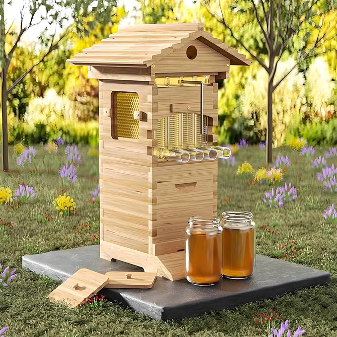 Beehive Starter Kit, Self-Flowing Honey Beehive with Observation Window and Honey Spout, Includes 4 bee Frames and 6 Honeycomb Trays for Beekeeping,Garden Pollinators