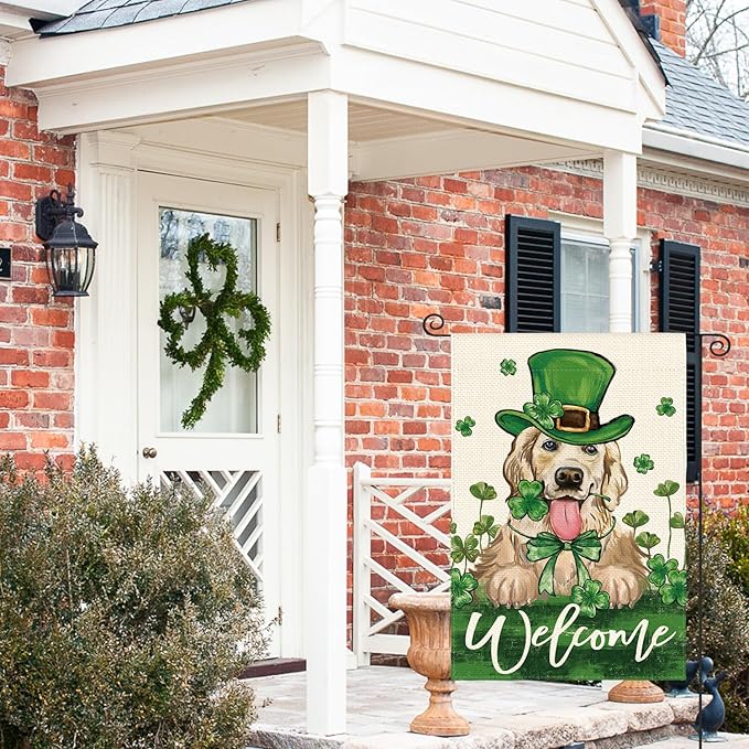 AVOIN colorlife St Patricks Day Green Hat Dog Garden Flag 12x18 Inch Double Sided, Lucky Shamrock 17 March Welcome Yard Outdoor Flag