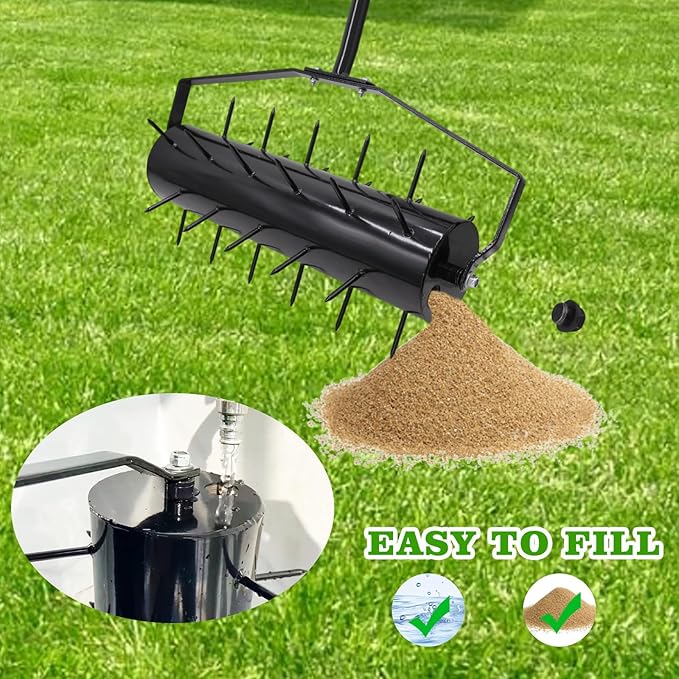 18 Inch Heavy Duty Rolling Lawn Aerator, Adjustable Weight Manual Roller Lawn Aerator Tool with Pre-Welded Spike, Hand Roller Soil Aerator for Garden Yard Lawn Grass Care with 49 Inch Steel Handle