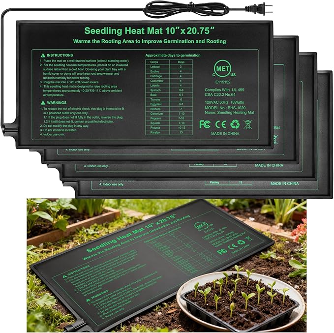 Durable Seedling Heat Mat 10x20.75 inches 4 Pack, Upgraded MET Certified Heat Mat for Plants Seed Germination,Hydroponic, Waterproof Greenhouse Heater, Seed Starter