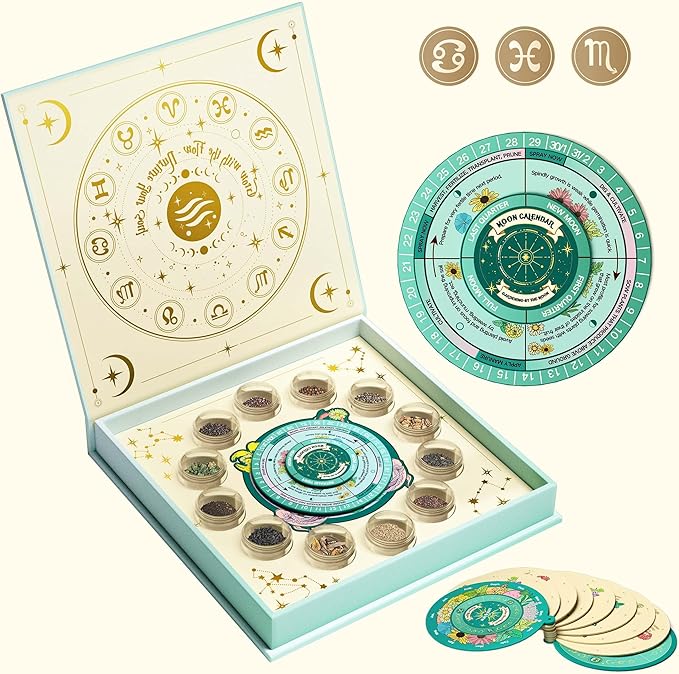 Lush&Dew Zodiac Garden Seed Bank, Gardening Gifts for Women Men, 12 Varieties Non-GMO Vegetables Herb Seeds in Seed Organizer, Magnetic Gift Box, Witchcraft Supplies with Moon Calendar (Water Signs)