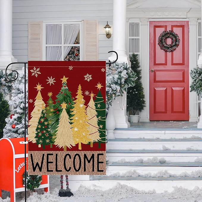 Merry Christmas Garden Flag, Christmas Trees Yard Flag 12x18 Double Sided Red Outdoor Decorations, Winter Trees Holiday Decor Welcome Burlap Garden Flag Rustic Outdoor Farmhouse Xmas for Porch Yard