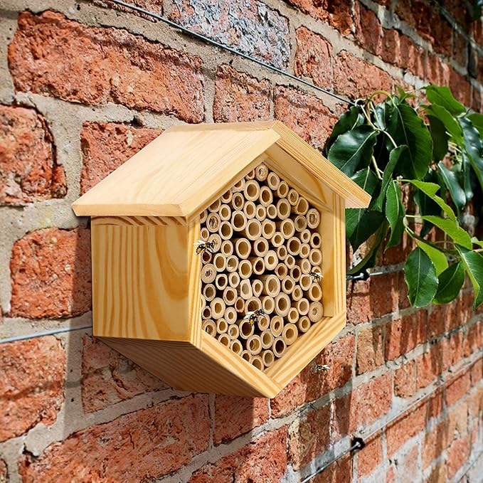 Mason Bee House Native Bee Hive Hexagon Bee House Handmade Wooden Mason Bee Box Habitat Home Hotel with Tubes -Attracts Peaceful Bee Pollinators to Enhance Your Garden's Productivity