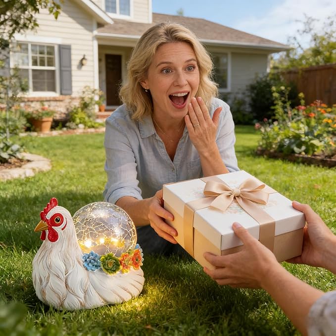 Solar Hen Garden Statue Lights for Outdoor Decor with Cracked Glass LED Ball Figurine Lighting Resin Succulent White Chicken Decorations for Patio Lawn Yard Valentine Gifts for Mom Wowen
