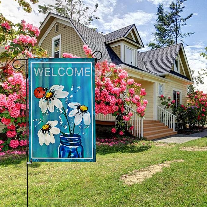 Anley Double Sided Premium Garden Flag, Spring Summer Daisy Jar and Ladybug Welcome Decorative Garden Flags for Home Decor - Weather Resistant & Double Stitched Yard Flags - 18 x 12.5 Inch