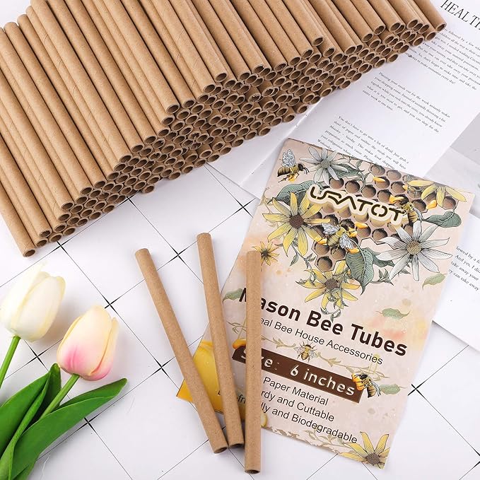 URATOT 200 Pieces Mason Bee Tubes, 6 Inches, Brown Kraft Paper, Bee Houses, Refill Tubes