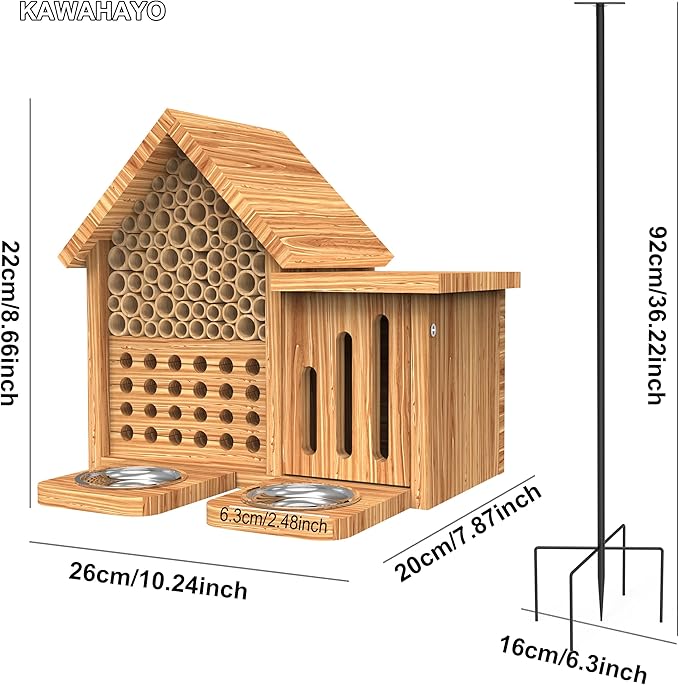 Mason Bee House Wooden Butterfly House with Feeders and Metal Stake, Insect Hotel for Garden Backyard, Natural Handmade Waterproof Bugs House, Attracts Bee, Butterfly, Ladybirds Pollinators