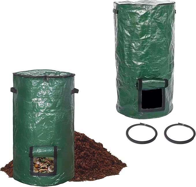 Compost Bin Bags 34 Gallon Garden Compost Bags Outdoor Reusable,Organic Waste Garden Yard Compost Bag Collapsible Leaf Lawn Bags Gardening Container (Green 2pcs)