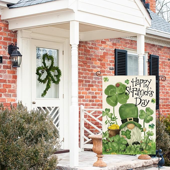 AVOIN colorlife Happy St Patricks Day Garden Flag 12x18 Inch Double Sided Outside, Leprechaun Gnome Lucky Clover Holiday Yard Outdoor Flag