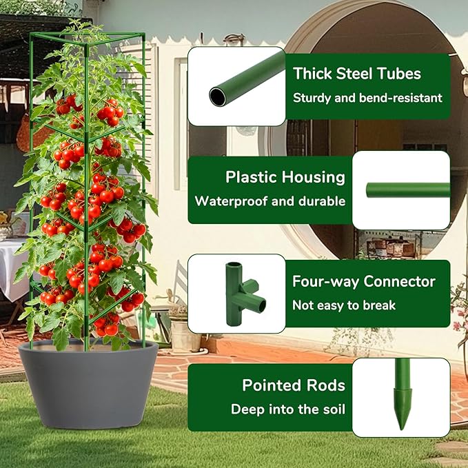 [Upgraded] ZeeDix 57 Inch Tall Tomato Cages for Garden, 4 Pack Large Plant Trellis Support Stakes for Climbing Plants, Heavy Duty Adjustable Tomatoes Cage for Pots, Raised Garden Bed Outdoor Supplies