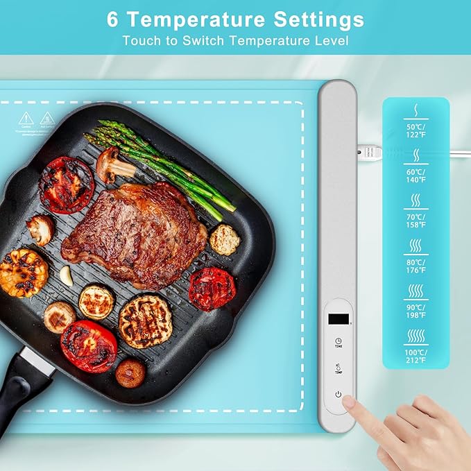 FYY Warming Mat for Food - Rapid and Full Surface Heating, 6 Temp Settings, 6H Timer, Rollable Portable Food Warming Mat, Ideal for Gatherings, Parties, Keep Meal Warm (X Large Size, Mint Green)