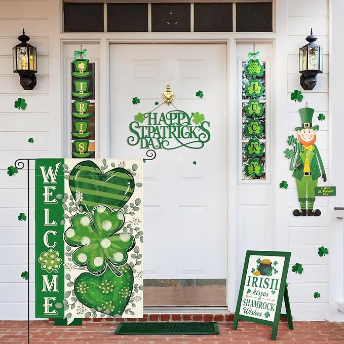 AVOIN colorlife St Patricks Day Garden Flag 12x18 Inch Double Sided Outside, Shamrocks Clovers Hearts Welcome Yard Outdoor Decoration