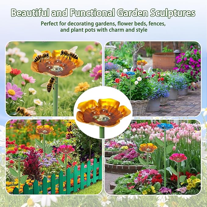 Bee Watering Station for Garden – 4 Pack Metal Flower Bee Bath with Decorative Bee, Butterfly Watering Station Cups with Glass Marbles – Butterfly Feeder for Outdoor Yard, Pollinator Water Feeder