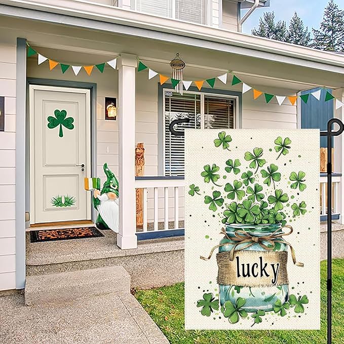 St Patricks Day Garden Flags for Outside, Irish Green Hat Lucky Shamrocks Yard Decoration, Small Seasonal Outdoor Decor for Farmhouse Holiday,12x18 Inch Double Sided