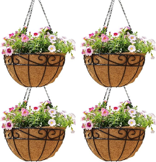 14 inch Metal Hanging Baskets For Plants Outdoor 4 Pack Round Metal Wire Hanging Basket Planter with Coco Fiber Liners Chain Round Wire Plant Holder for Garden, Patio, Deck, Porch Plants Flower Potss