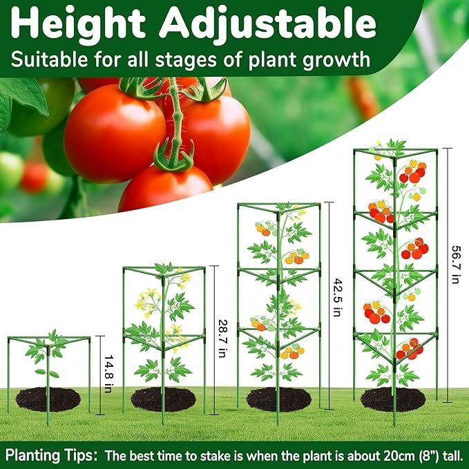 [Upgraded] ZeeDix 57 Inch Tall Tomato Cages for Garden, 6 Pack Large Plant Trellis Support Stakes for Climbing Plants, Heavy Duty Adjustable Tomatoes Cage for Pots, Raised Garden Bed Outdoor Supplies