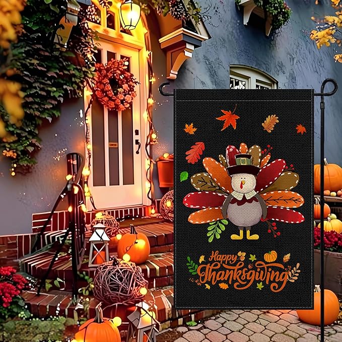 Fall Thanksgiving Turkey Garden Flag 12x18 Inch, Double Sided Bless Harvest Holiday Burlap Yard Flag for Outdoor Decoration