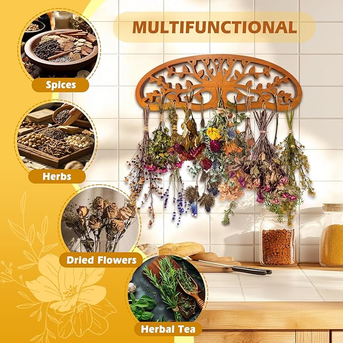 Rustic Flower Drying Rack Hanging – Artistic Tree of Life Design for Kitchen & Garden – Holds 11 Herb or Flower Bouquets – Space-Saving Decorative Dryer – Gift for Gardeners & Home Crafters