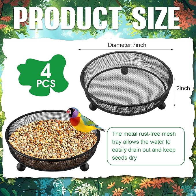 Nuogo 4 Pcs Ground Bird Feeder Tray 7 Inches Platform Bird Feeder for Outside Metal Squirrel Feeders Rust Resistant Mesh Seed Tray Garden Yard Decoration for Outdoor Wild Dove(Round)