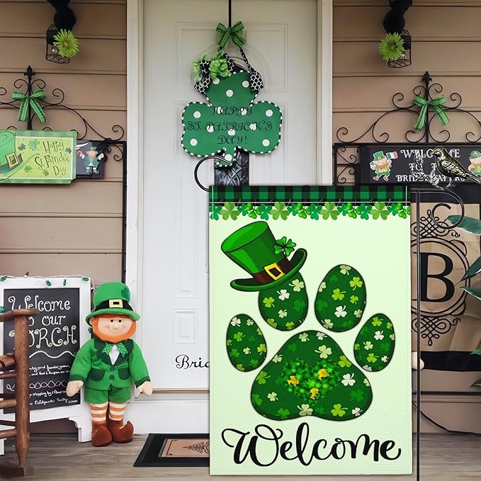 St Patricks Day Garden Flag Shamrock Lucky Irish Blessing Garden Flag Happy St Patrick's Day Yard Decor Garden Flags for Outside 12×18 Inch Double Sided Outdoor House Holiday Decorations