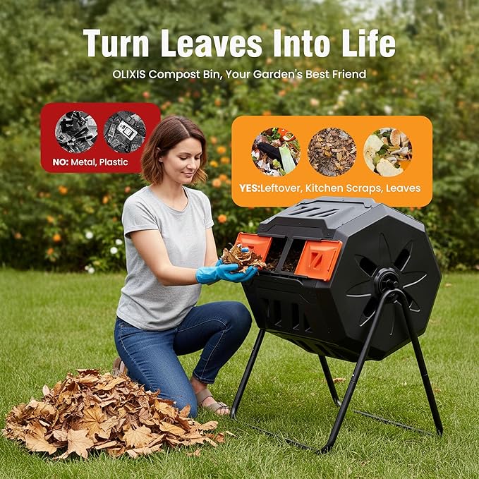 NEWBULIG Compost Bin Outdoor 43 Gallon, Dual Chamber Composter Tumbler Outdoor with Gloves, Efficient 360°Rotating Composting Bin for Patio, Lawn, Home Gardening and Landscape, Orange