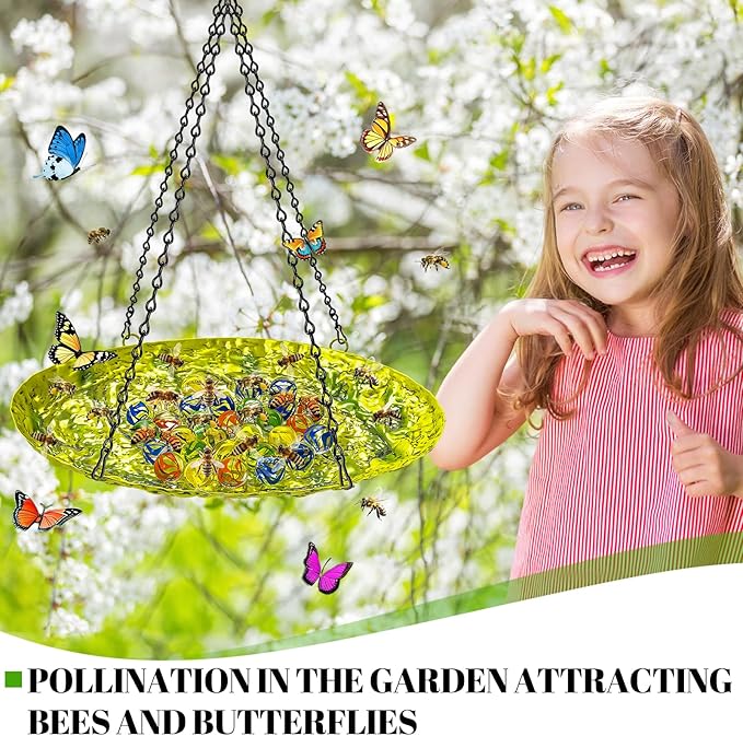 Bee Watering Station for Outside, Hanging Bee Butterfly Feeder for Garden, Metal Butterfly Puddler with Stone Texture Bee Drinking Bowl with Glass Marbles for Outdoors Yard Decor (Hanging-Ellipses)