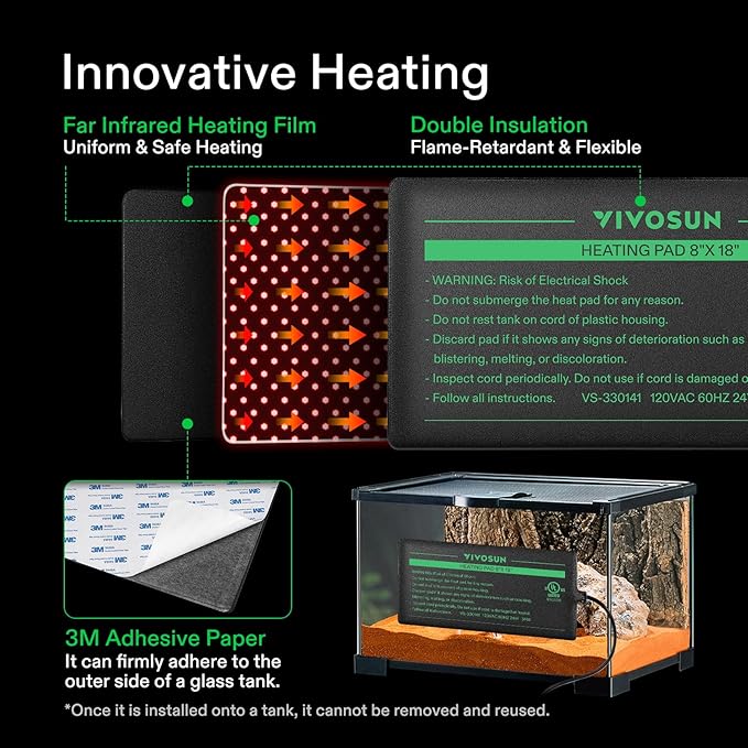VIVOSUN Reptile Heating Pad 8x18 Inch with Thermostat Combo Under Tank Terrarium Heating Mat for Turtles, Lizards, Frogs, and Other Reptiles (Pack of 2)