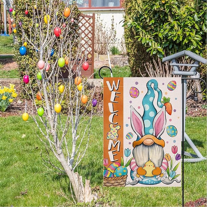 12x18 Inch Easter Garden Flag Double Sided, Bunny Gnomes Yard Flag for Outdoor Decoration