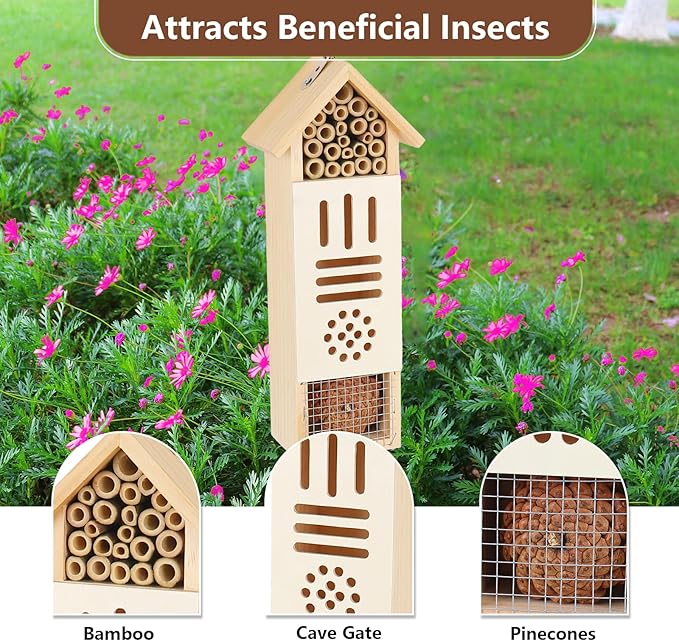 Wooden Insect House, Bee House with Metal Stake for Garden, Natural Ladbugs Habitat & Butterfly Hotel on The Ground or Hanging on Tree Wall (Pine, 3.34'' x 2.56'' x 11.8'', 11.8'' H Stake)