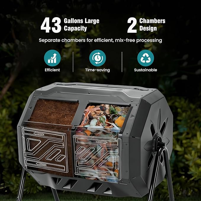 OLIXIS Compost Bin Outdoor 43 Gallon, Dual Chamber Composter Tumbler Outdoor with Gloves, Efficient 360°Rotating Composting Bin for Patio, Lawn, Home Gardening and Landscape, Classic Black