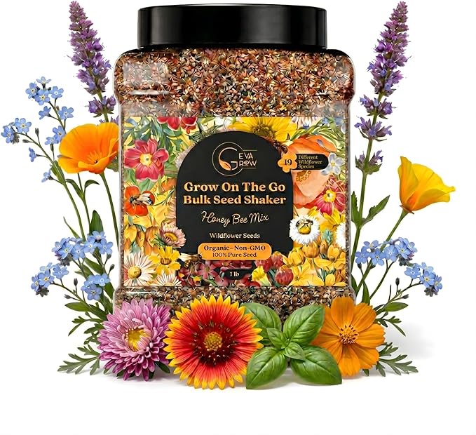 Bulk Wildflower Seed Mix – Honey Bee Wildflower Seed Mix 1 Pound Tub by GevaGrow | Bulk 300,000+ Seed Tub | 19 Variety Flower Seeds for Planting in Pots & Outdoor Gardens | No Messy Bags or Packets |