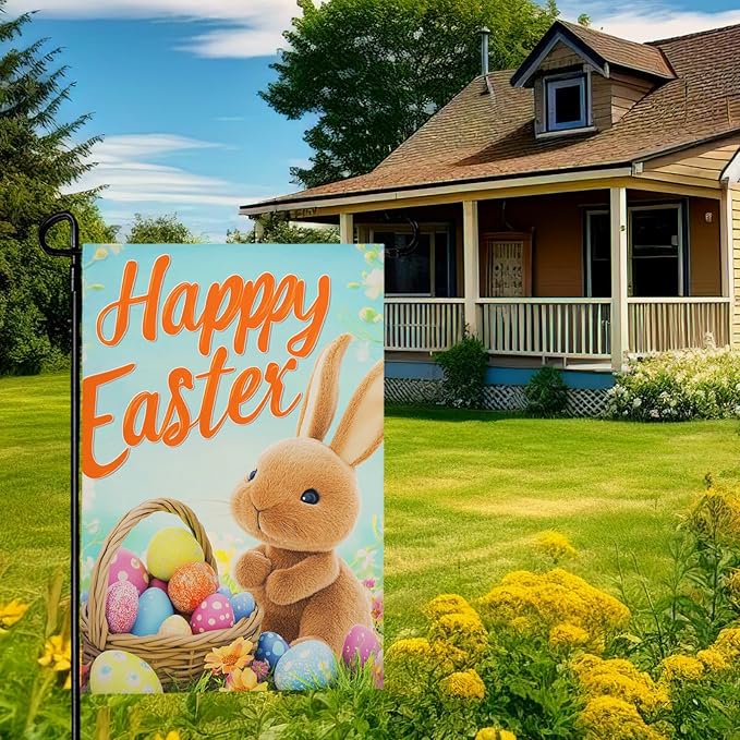 Happy Easter Bunny Garden Flag 12x18 Inch Double Sided Rabbits Colorful Eggs Yard Flags Spring Floral Small Flags for Outside Graden Home Decorations