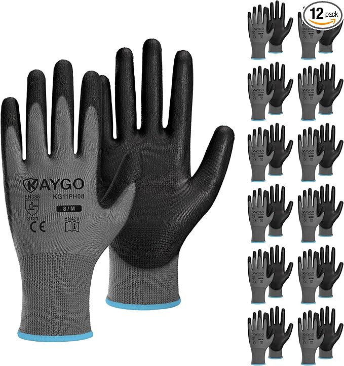 KAYGO Work Gloves for Men and Women,12 Pairs Seamless Knit PU Coated Safety Gloves, with Smooth Grip on Palm and Fingers, Ideal for Light Warehouse, Manufacturing, Gardening, KG11P (M,Gray)
