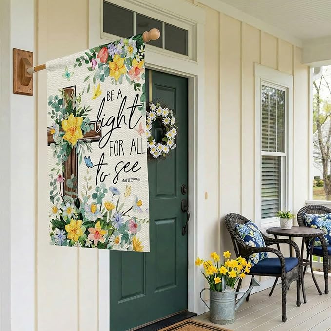 CROWNED BEAUTY Spring House Flag Floral Cross Double Sided 28x40 Inches Large Burlap Welcome Holiday Seasonal Yard Decoration for Outside Porch