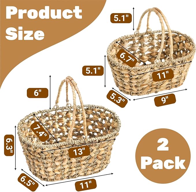 SOUJOY 2 Pack Wicker Picnic Basket with Handle, Natural Hand Woven Rattan Easter Baskets, 13" and 11" Nesting Gift Baskets for Outdoor, Camping, Garden, Wedding, Home Organization