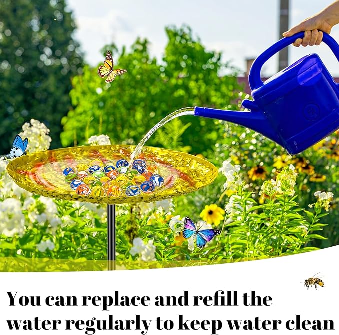 Bee Butterfly Water Station, MeyRolizn Metal Butterfly Puddler with Glass Marbles, Bee Bath Butterfly Feeders with 4 Prongs Base Stake for Outdoors Garden Yard Patio Decor(Ellipse)