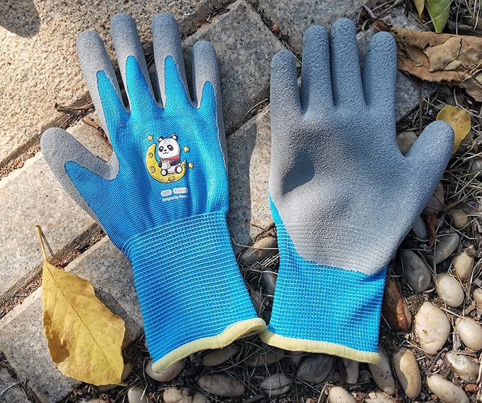 Ages 5-7 Kids Gardening Gloves,Yard Work Gloves for Toddlers, Youth, Girls, Boys, Childrens, Soft Safety Rubber Gloves (XXS Age 5-7, 1 Pair Sky Blue Panda)