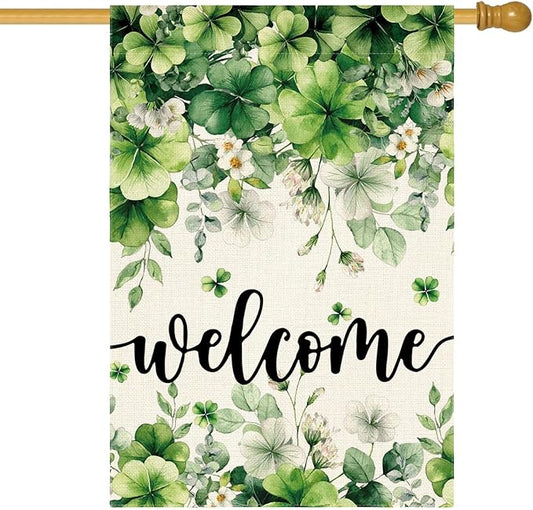 AVOIN colorlife St Patricks Day Floral House Flag 28x40 Inch Double Sided Outside, Shamrock Lucky Clover Welcome Yard Outdoor Flag