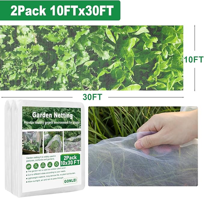 GonLei Garden Netting 2Pack 10X30FTPlants Garden Mesh Berry Netting Outdoor Mosquito Net,Garden Bed Fruit Tree Blueberry Shrubs Netting Plant Covers Row Vegetables Protection Barrier Net