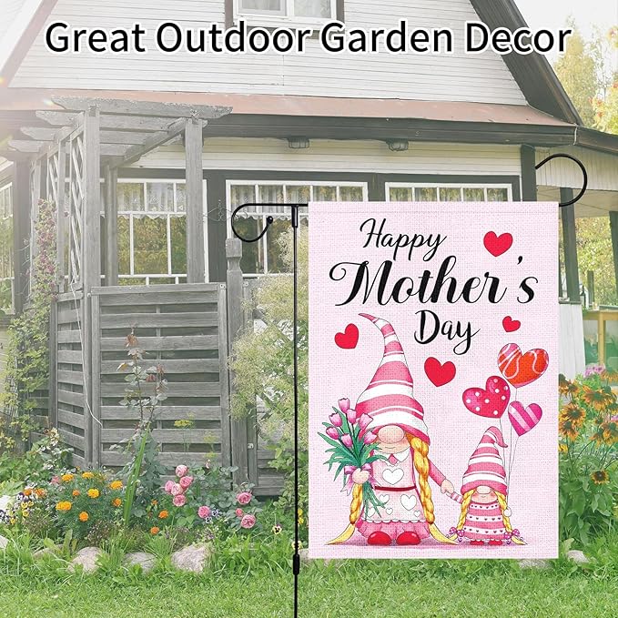 Mother's Day Garden Flag 12x18 Inch - Cute Gnome Mother & Daughter with Tulips & Hearts, Double-Sided Outdoor Decor for Patio Yard Mother's Day Gifts